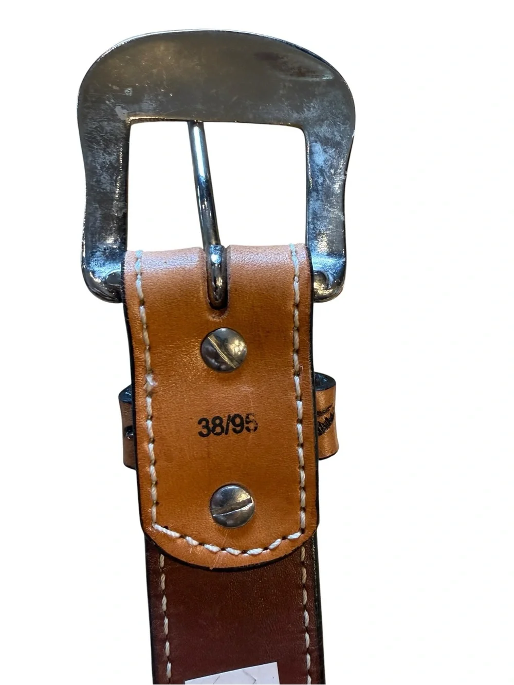 Hand-Tooled Brown Leather Men's 38 Belt with Decorative Silver Buckle